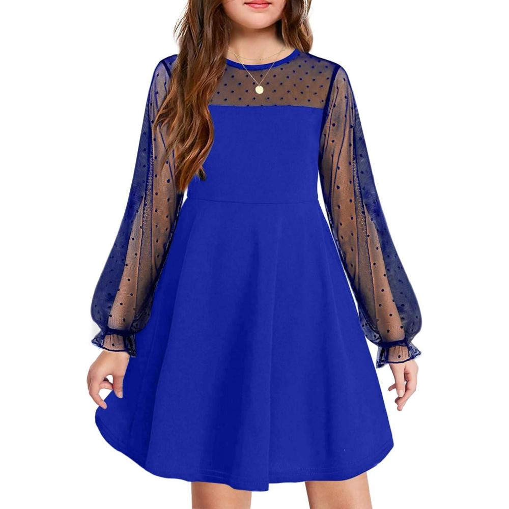 imageArshiner Girls Contrast Mesh Puff Long Sleeve High Waist A Line Short Dress with Pockets for 613 YearsSky Blue