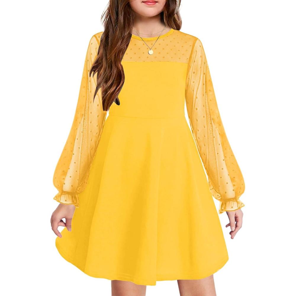 imageArshiner Girls Contrast Mesh Puff Long Sleeve High Waist A Line Short Dress with Pockets for 613 YearsYellow