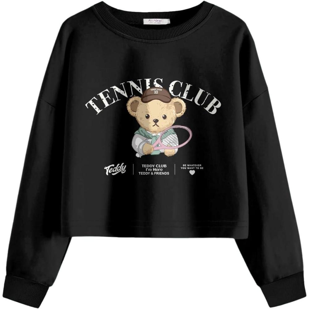 imageArshiner Girls Crop Tops Kids Long Sleeve Pullover Sweatshirts Girls Cropped Crewneck Sweatshirt for 514 Years Teen GirlBlack Teddy