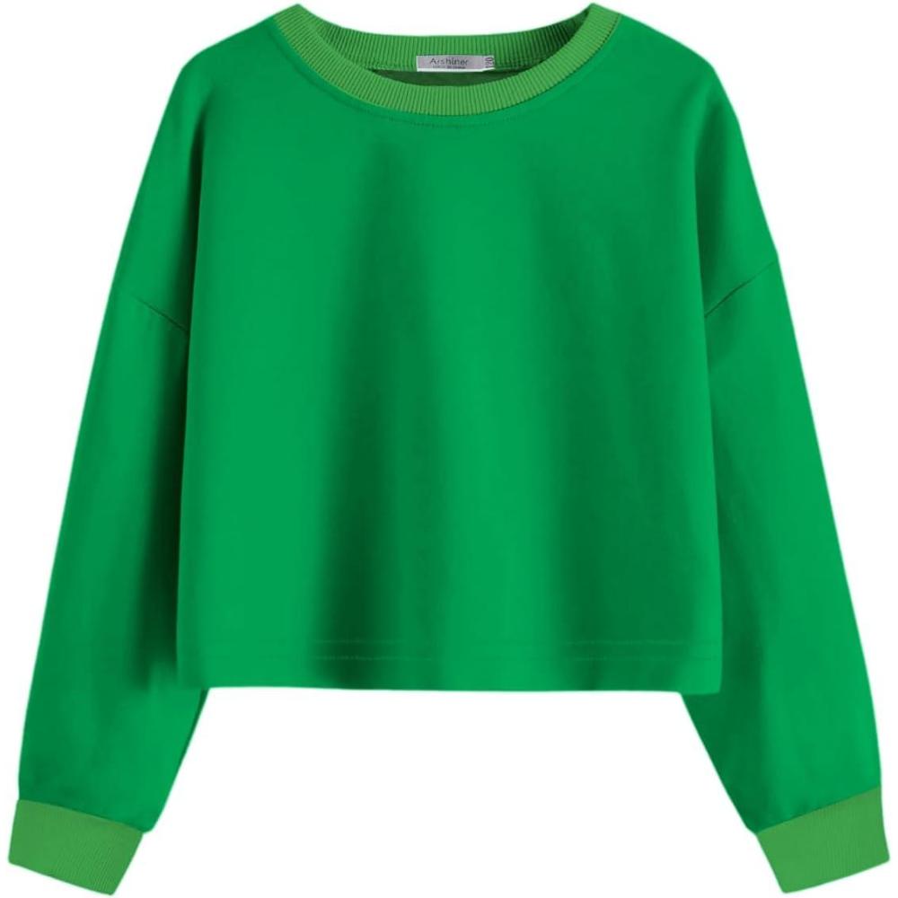 imageArshiner Girls Crop Tops Kids Long Sleeve Pullover Sweatshirts Girls Cropped Crewneck Sweatshirt for 514 Years Teen GirlGreen