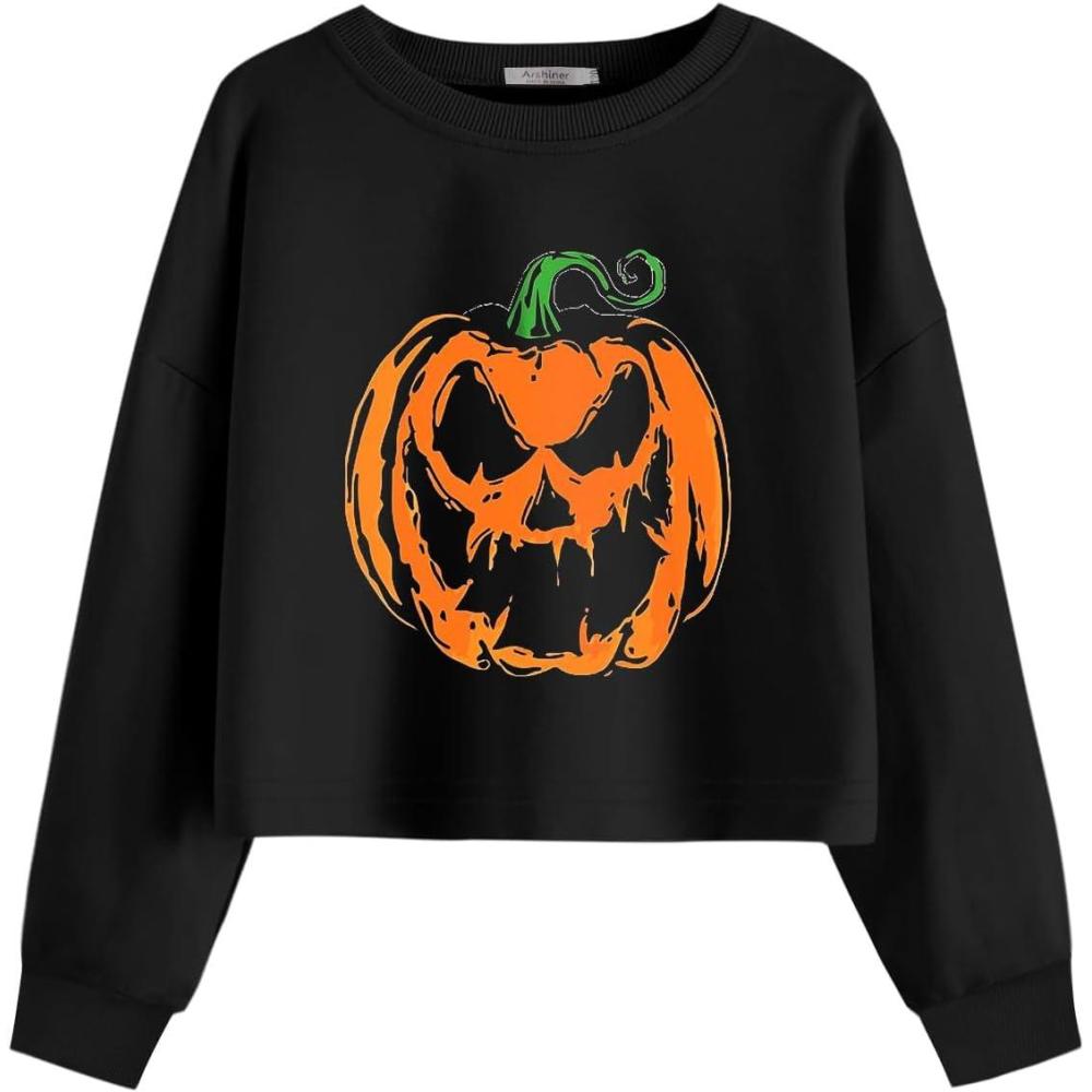 imageArshiner Girls Crop Tops Kids Long Sleeve Pullover Sweatshirts Girls Cropped Crewneck Sweatshirt for 514 Years Teen GirlHalloween Pumpkin