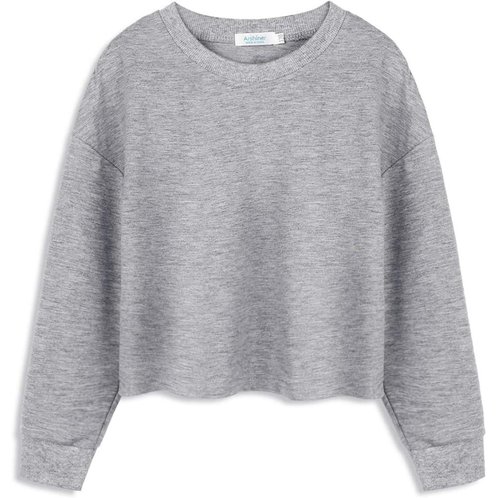 imageArshiner Girls Crop Tops Kids Long Sleeve Pullover Sweatshirts Girls Cropped Crewneck Sweatshirt for 514 Years Teen GirlLight Grey