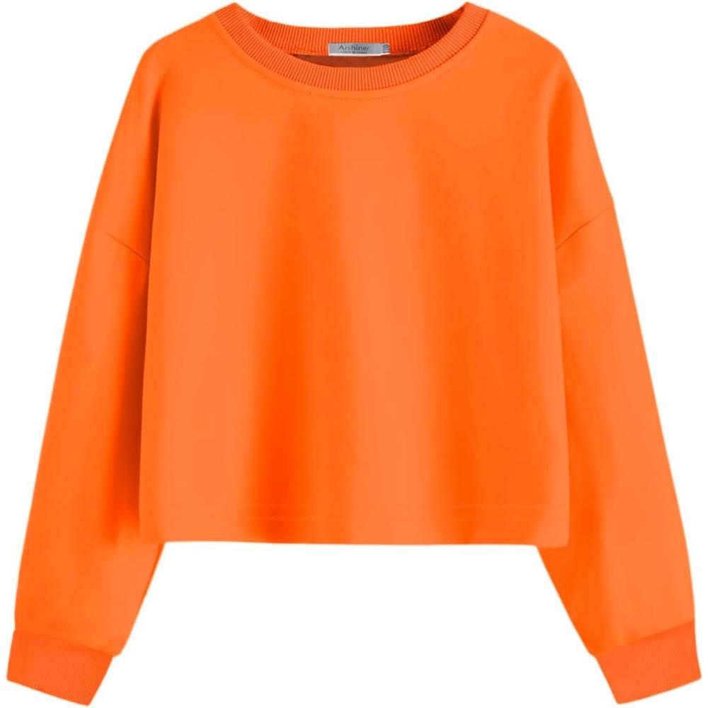 imageArshiner Girls Crop Tops Kids Long Sleeve Pullover Sweatshirts Girls Cropped Crewneck Sweatshirt for 514 Years Teen GirlOrange