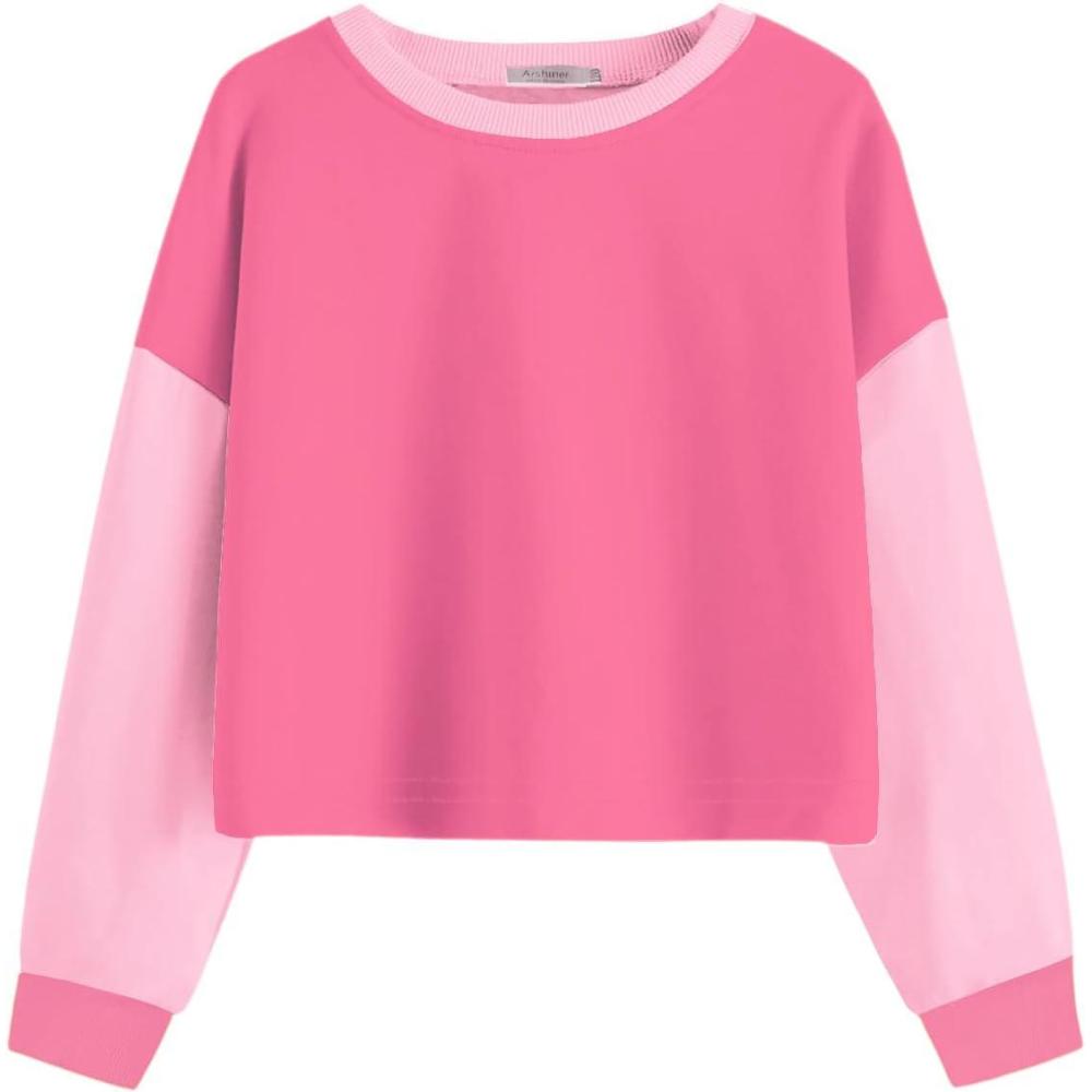 imageArshiner Girls Crop Tops Kids Long Sleeve Pullover Sweatshirts Girls Cropped Crewneck Sweatshirt for 514 Years Teen GirlPink Colorblock