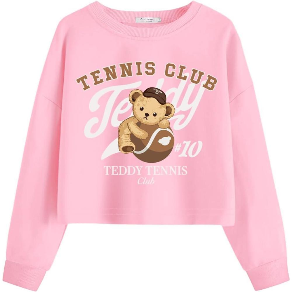 imageArshiner Girls Crop Tops Kids Long Sleeve Pullover Sweatshirts Girls Cropped Crewneck Sweatshirt for 514 Years Teen GirlPink Teddy