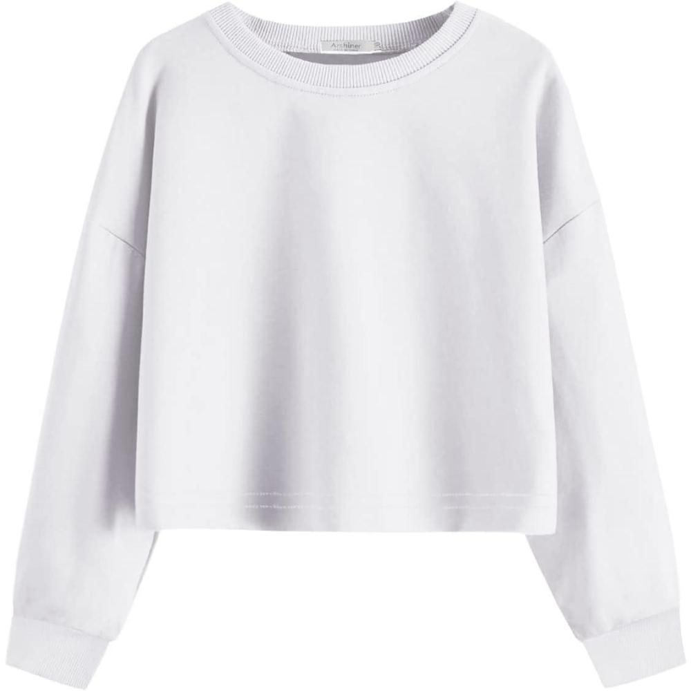 imageArshiner Girls Crop Tops Kids Long Sleeve Pullover Sweatshirts Girls Cropped Crewneck Sweatshirt for 514 Years Teen GirlWhite