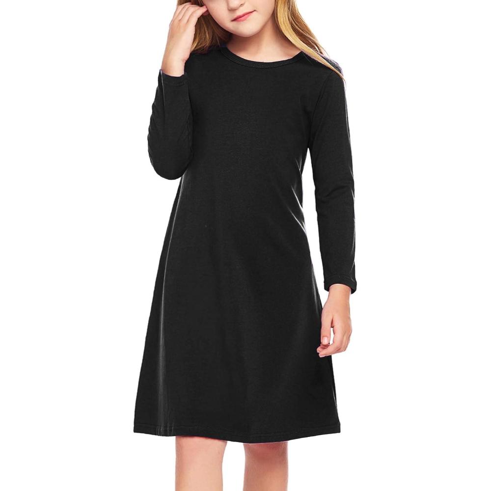 imageArshiner Girls Dress Kids Long Sleeve Solid Color Casual TShirt DressBlack