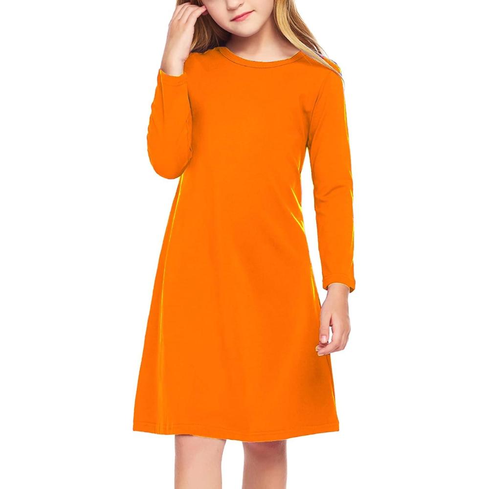 imageArshiner Girls Dress Kids Long Sleeve Solid Color Casual TShirt DressOrange