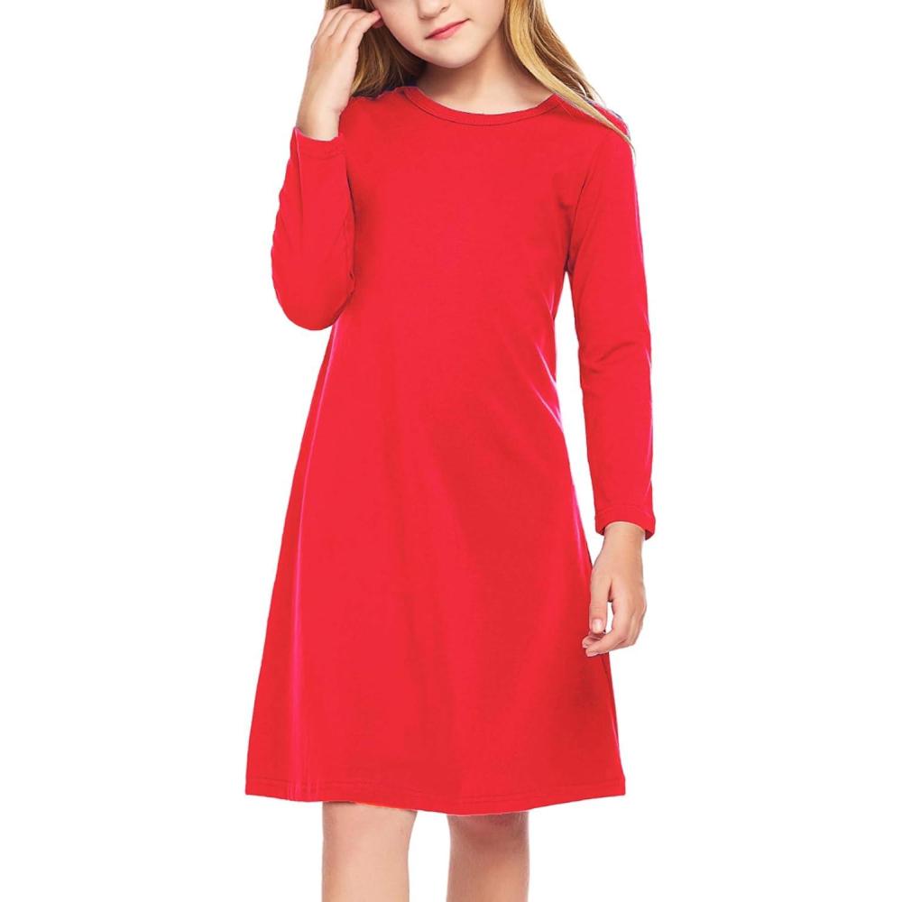 imageArshiner Girls Dress Kids Long Sleeve Solid Color Casual TShirt DressRed