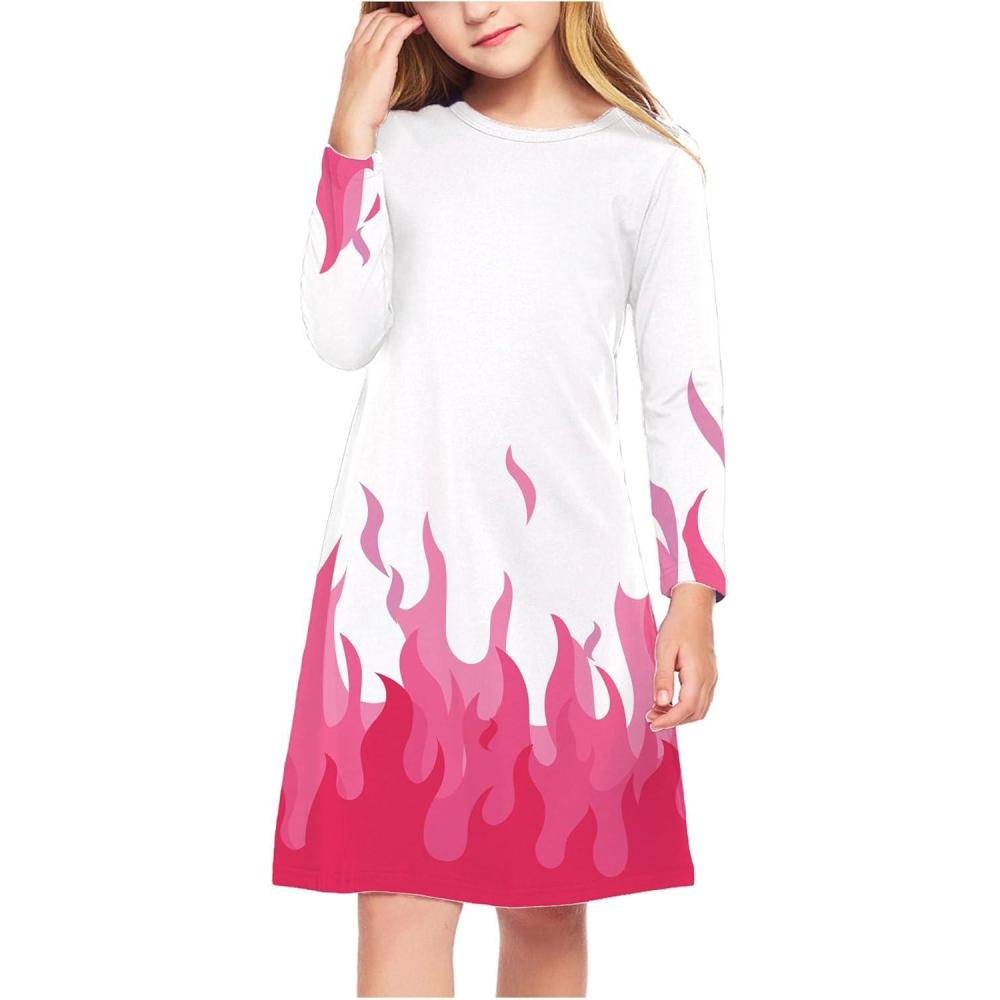 imageArshiner Girls Dress Kids Long Sleeve Solid Color Casual TShirt DressWhite Pink Flame