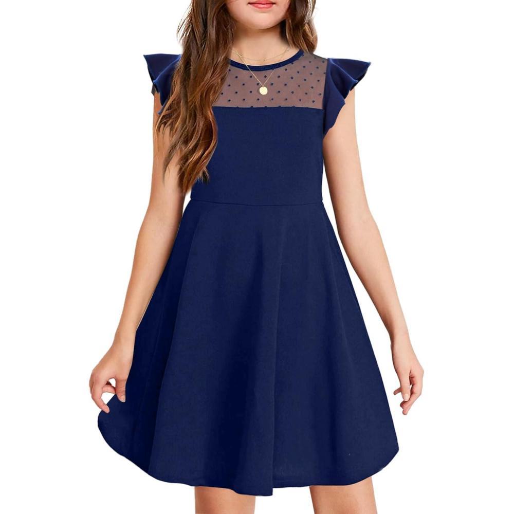 imageArshiner Girls Dress Summer Ruffle Sleeve Mesh A Line Casual Party Dresses with PocketsNavy Blue
