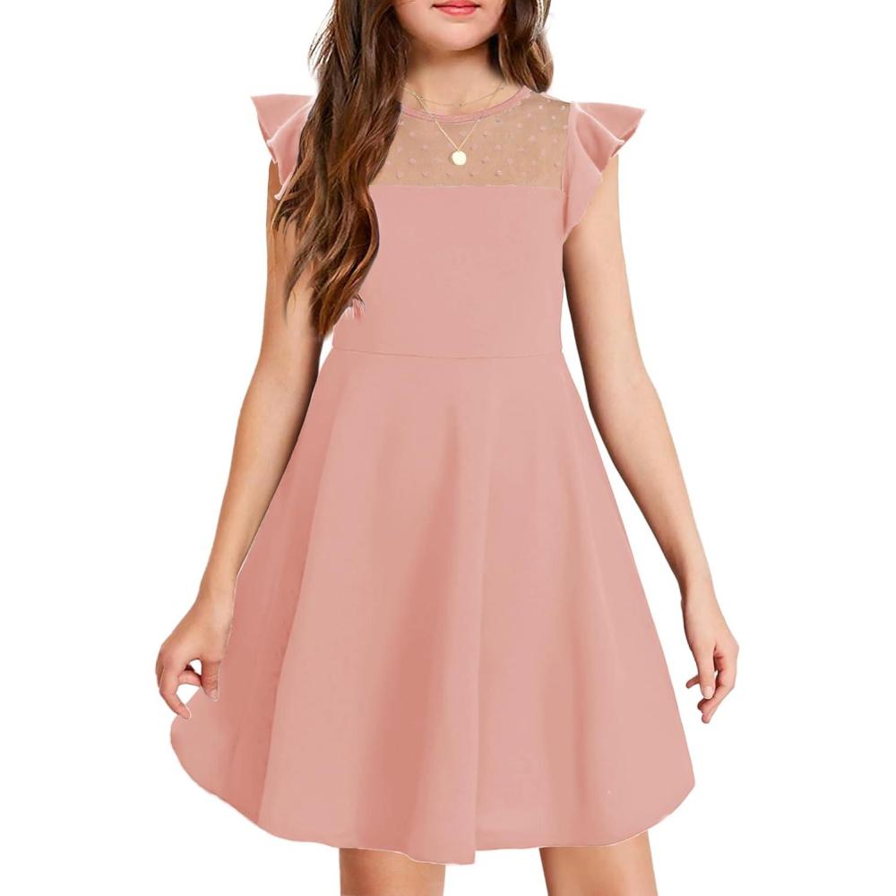 imageArshiner Girls Dress Summer Ruffle Sleeve Mesh A Line Casual Party Dresses with PocketsPink