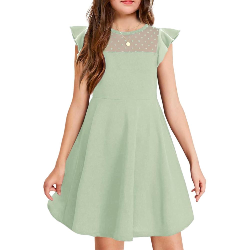 imageArshiner Girls Dress Summer Ruffle Sleeve Mesh A Line Casual Party Dresses with PocketsSage Green