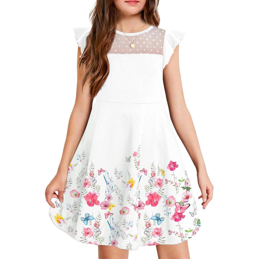 imageArshiner Girls Dress Summer Ruffle Sleeve Mesh A Line Casual Party Dresses with PocketsWhite Floral
