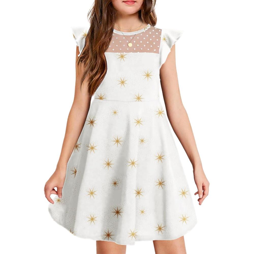imageArshiner Girls Dress Summer Ruffle Sleeve Mesh A Line Casual Party Dresses with PocketsWhite Galaxy