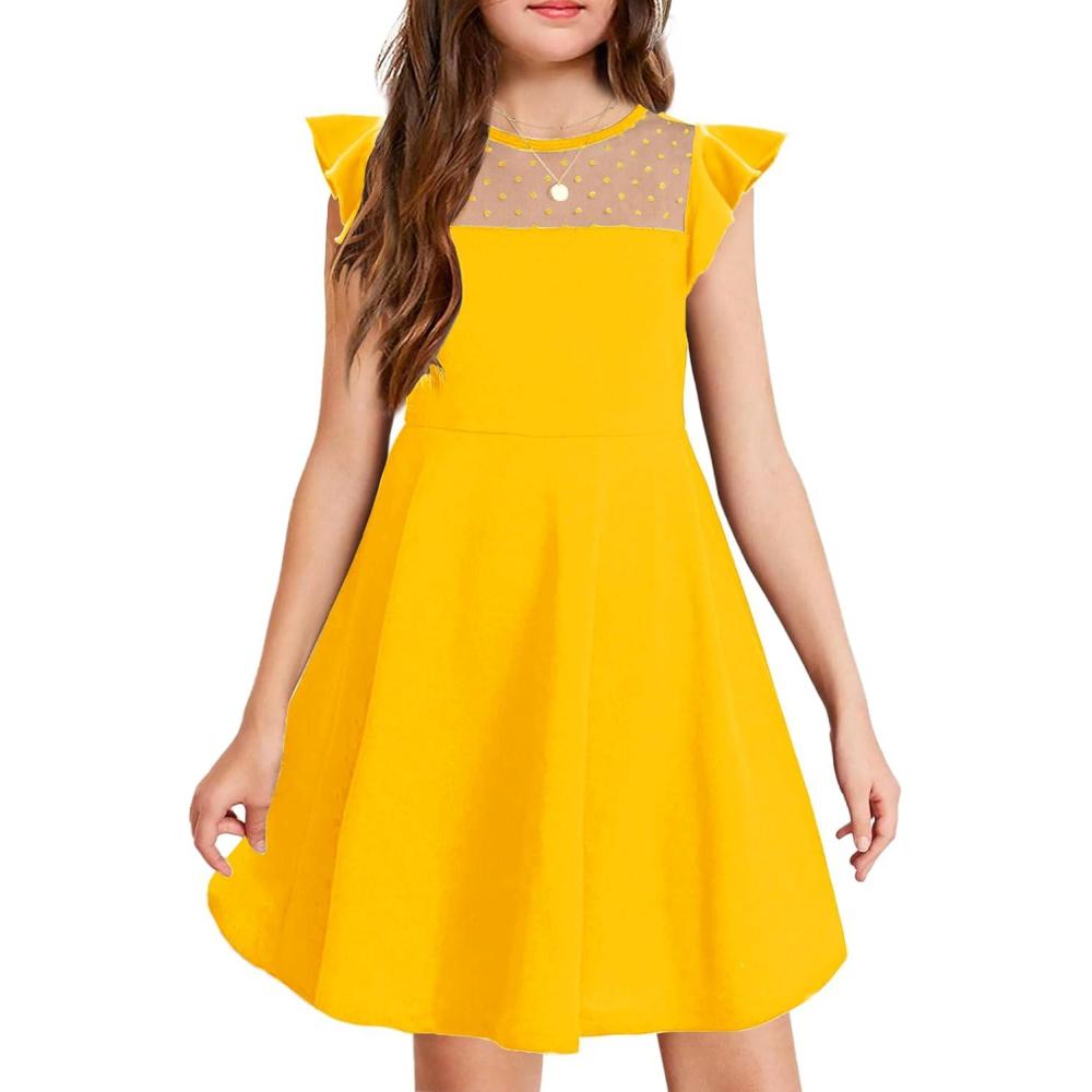 imageArshiner Girls Dress Summer Ruffle Sleeve Mesh A Line Casual Party Dresses with PocketsYellow