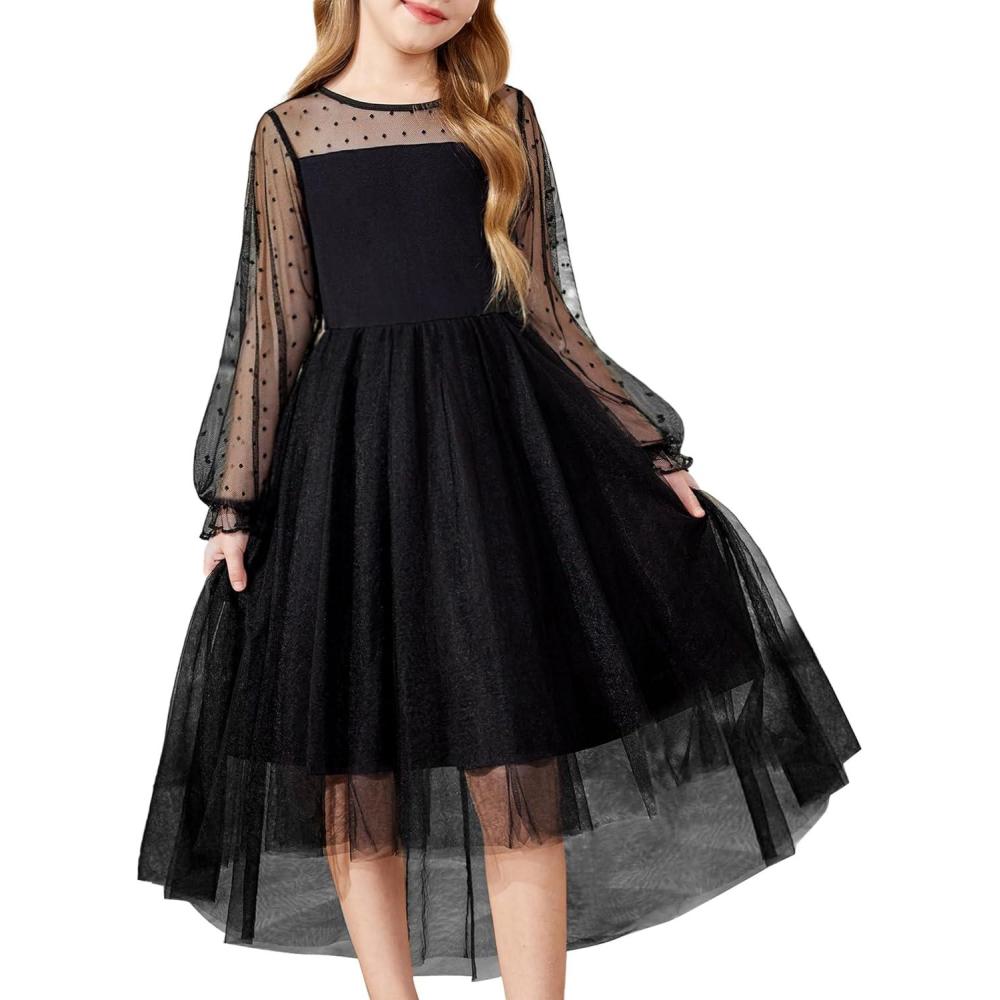 imageArshiner Girls Dresses Contrast Mesh Long Sleeve Twirly High Low Birthday Party Formal DressBlack