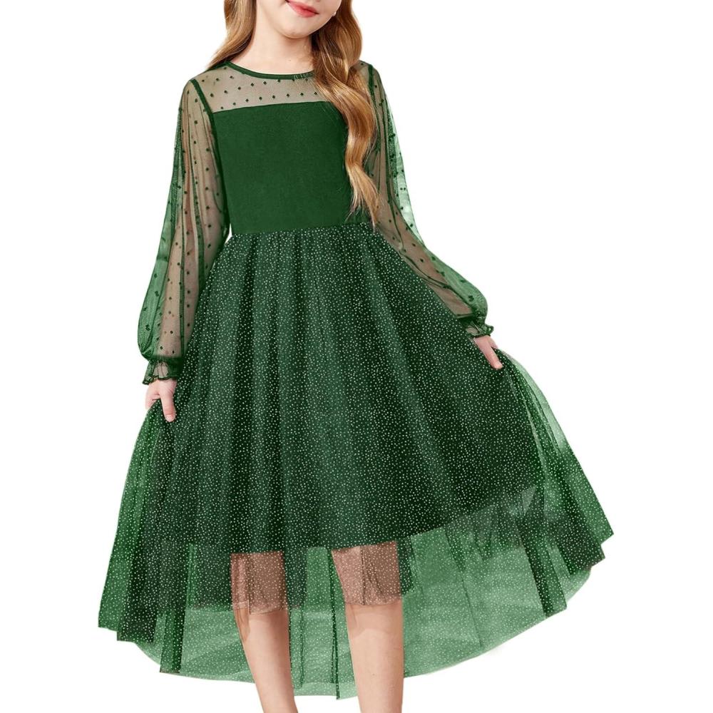 imageArshiner Girls Dresses Contrast Mesh Long Sleeve Twirly High Low Birthday Party Formal DressGreen