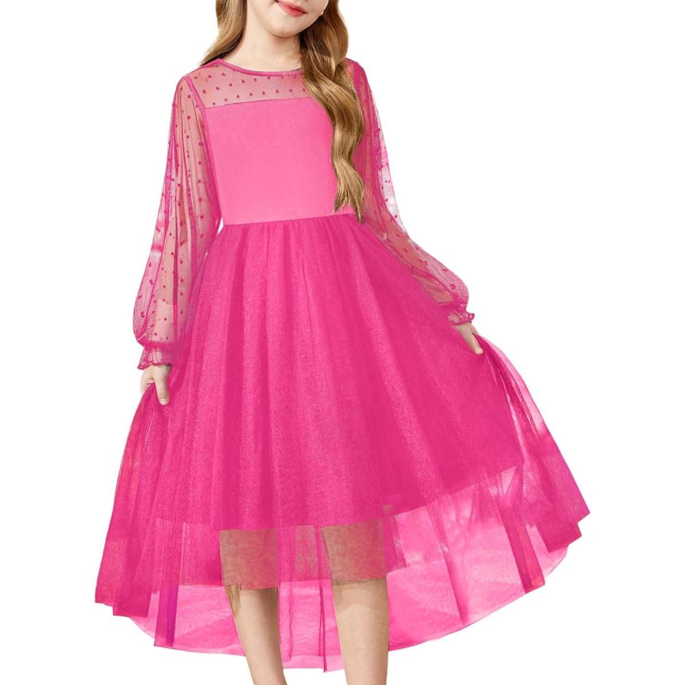 imageArshiner Girls Dresses Contrast Mesh Long Sleeve Twirly High Low Birthday Party Formal DressHot Pink