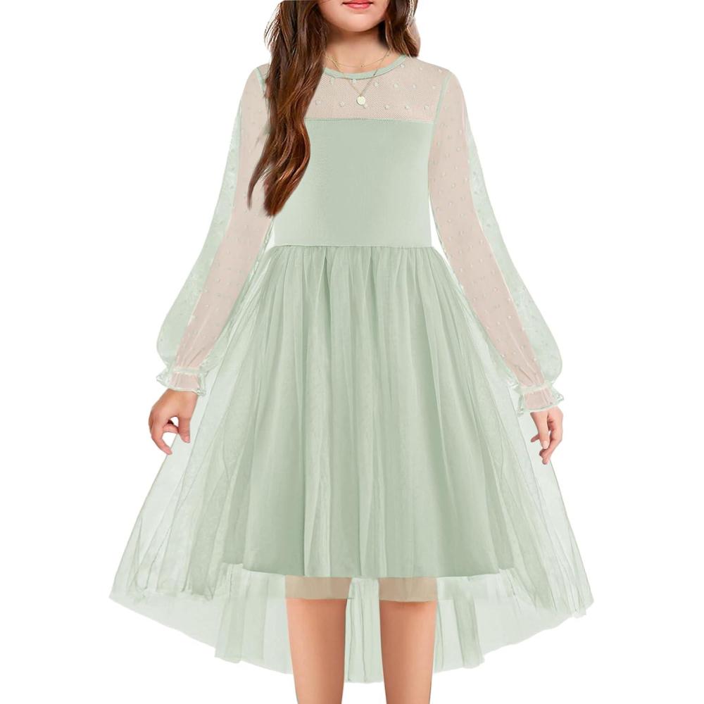 imageArshiner Girls Dresses Contrast Mesh Long Sleeve Twirly High Low Birthday Party Formal DressLight Green