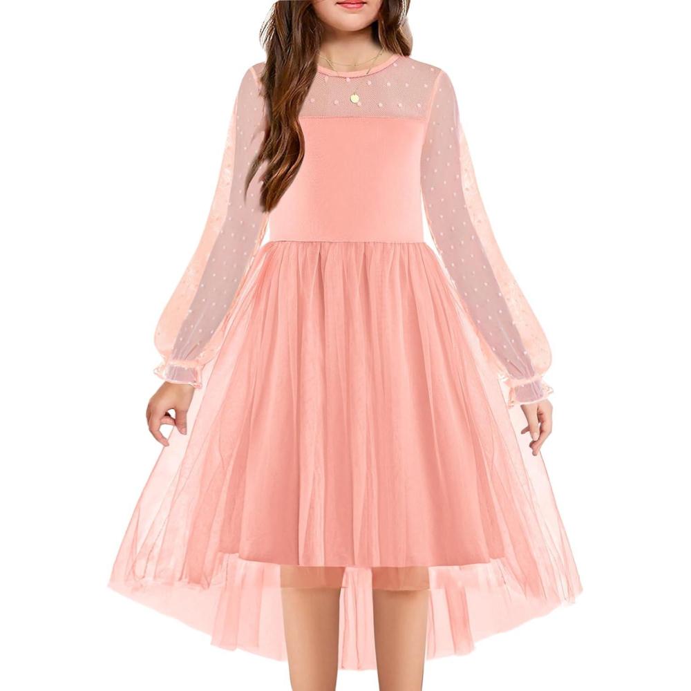 imageArshiner Girls Dresses Contrast Mesh Long Sleeve Twirly High Low Birthday Party Formal DressLight Pink