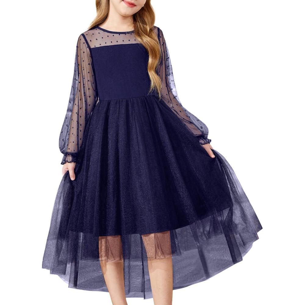 imageArshiner Girls Dresses Contrast Mesh Long Sleeve Twirly High Low Birthday Party Formal DressNavy Blue