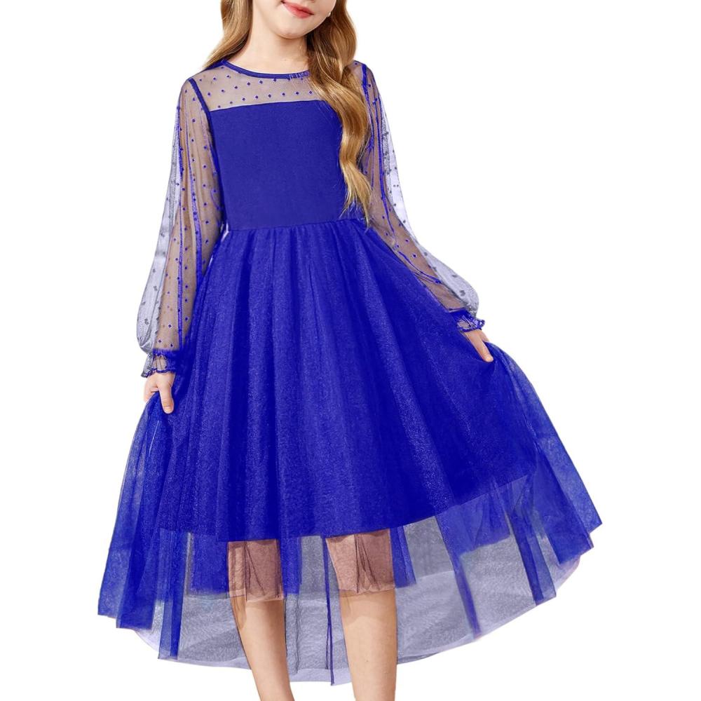imageArshiner Girls Dresses Contrast Mesh Long Sleeve Twirly High Low Birthday Party Formal DressRoyal Blue