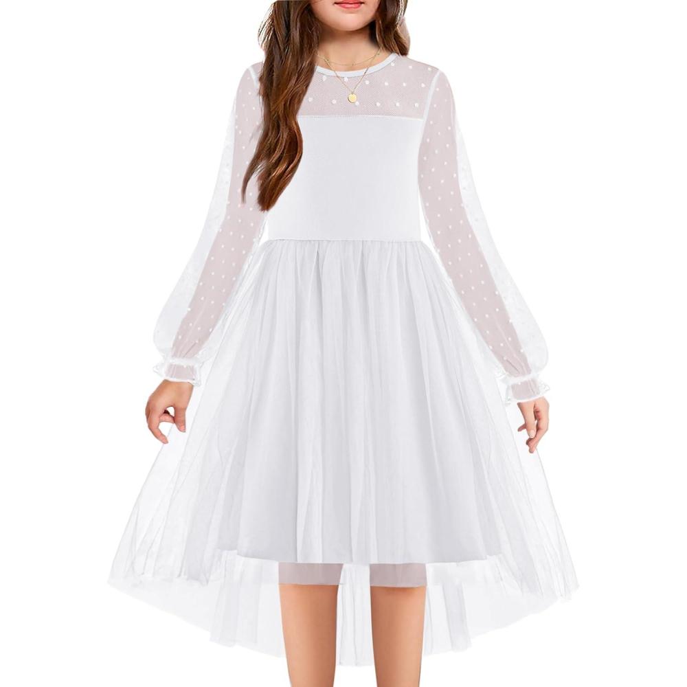 imageArshiner Girls Dresses Contrast Mesh Long Sleeve Twirly High Low Birthday Party Formal DressWhite