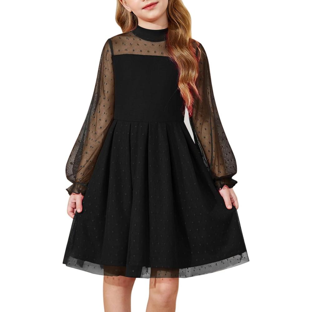 imageArshiner Girls Dresses Contrast Mesh Puff Long Sleeve Mock Neck Formal Party A Line Short Tulle DressBlack