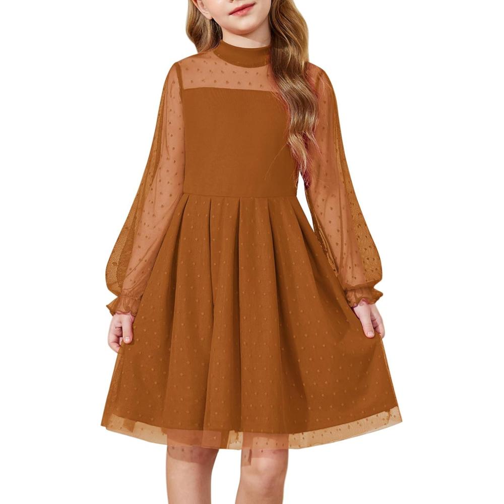 imageArshiner Girls Dresses Contrast Mesh Puff Long Sleeve Mock Neck Formal Party A Line Short Tulle DressBrown