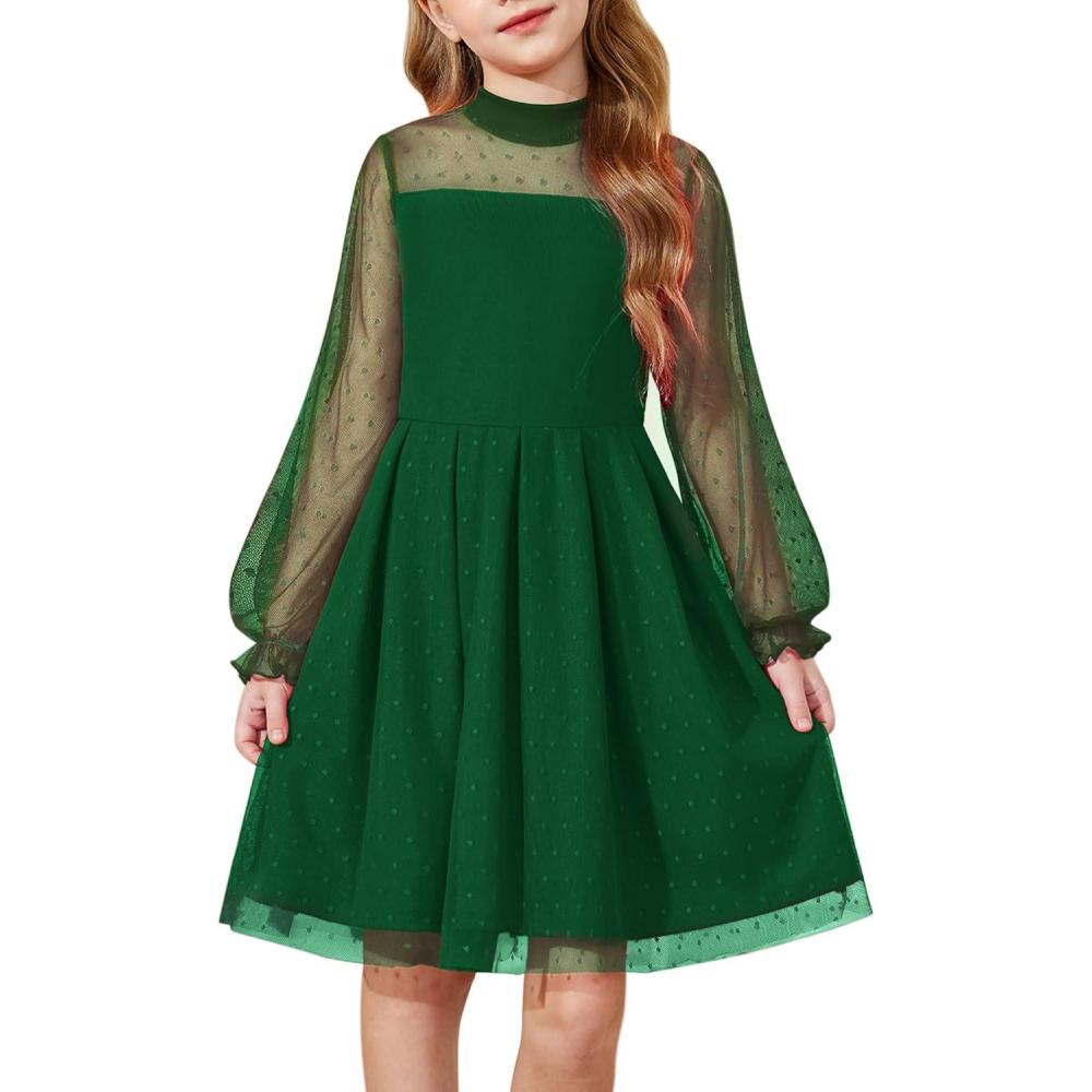 imageArshiner Girls Dresses Contrast Mesh Puff Long Sleeve Mock Neck Formal Party A Line Short Tulle DressDark Green