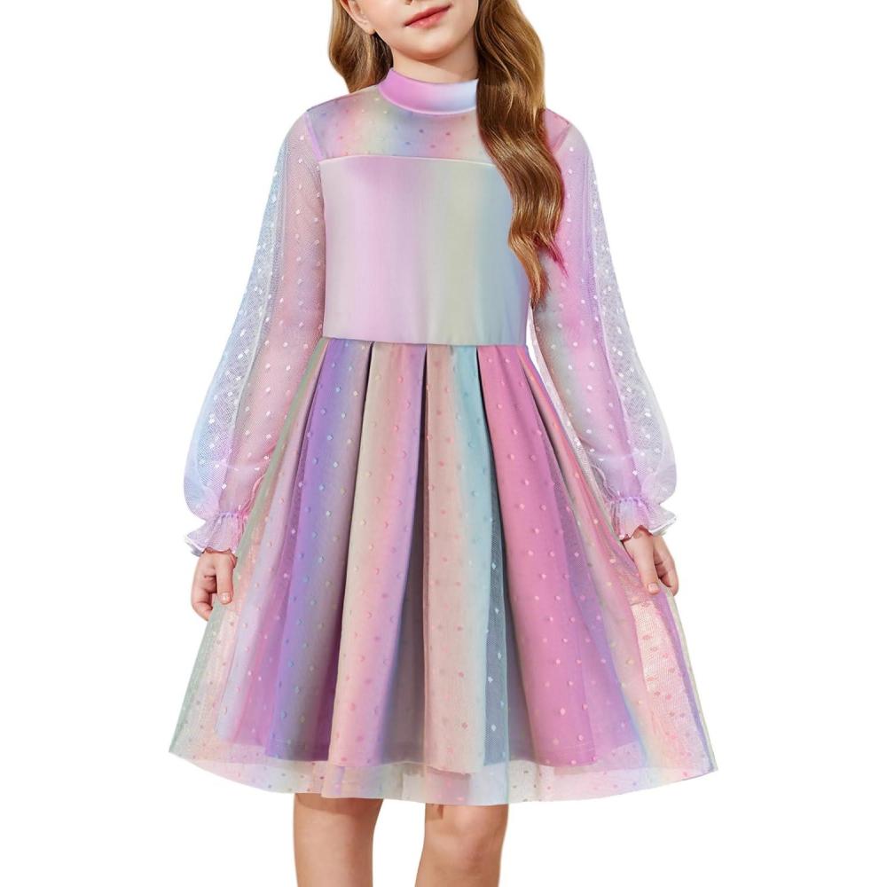 imageArshiner Girls Dresses Contrast Mesh Puff Long Sleeve Mock Neck Formal Party A Line Short Tulle DressGradientpurple