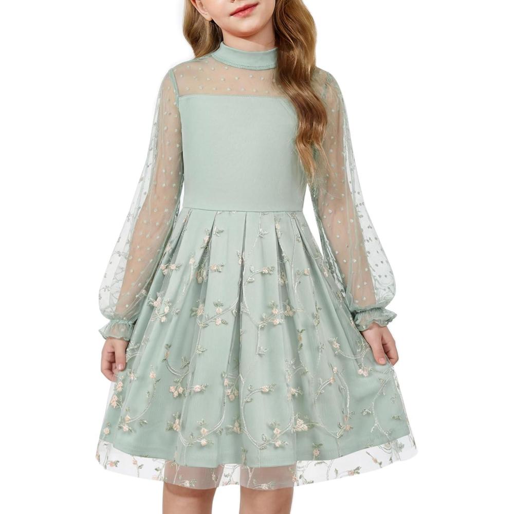 imageArshiner Girls Dresses Contrast Mesh Puff Long Sleeve Mock Neck Formal Party A Line Short Tulle DressGreen Floral