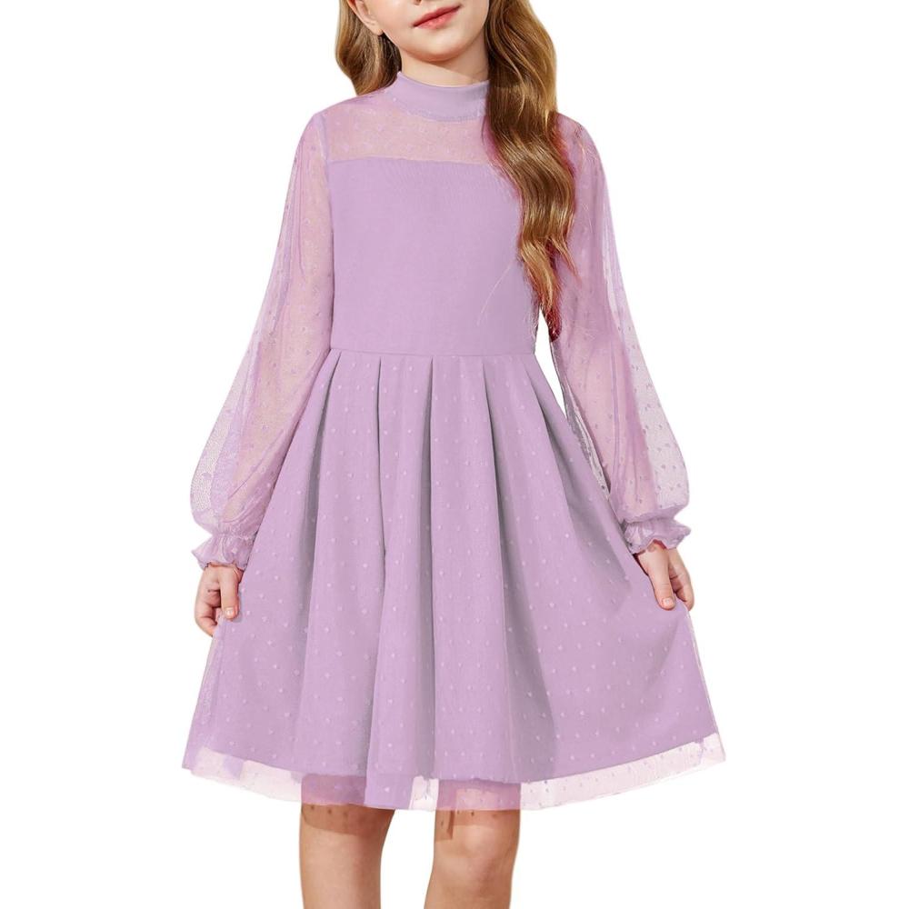 imageArshiner Girls Dresses Contrast Mesh Puff Long Sleeve Mock Neck Formal Party A Line Short Tulle DressLavender