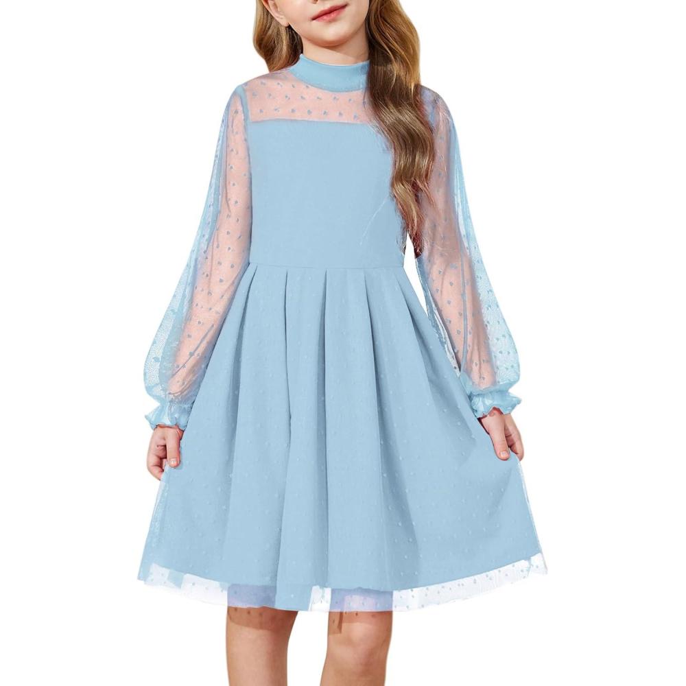 imageArshiner Girls Dresses Contrast Mesh Puff Long Sleeve Mock Neck Formal Party A Line Short Tulle DressLight Blue