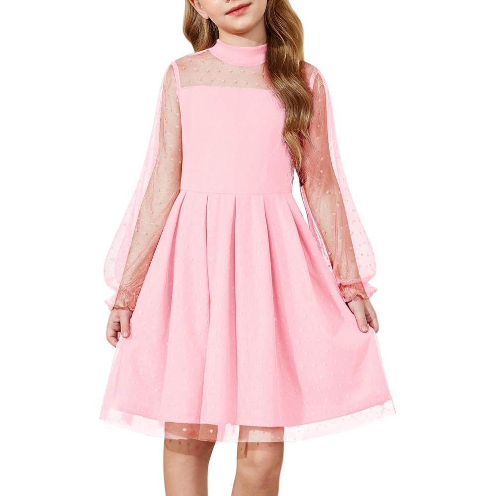 imageArshiner Girls Dresses Contrast Mesh Puff Long Sleeve Mock Neck Formal Party A Line Short Tulle DressLight Pink
