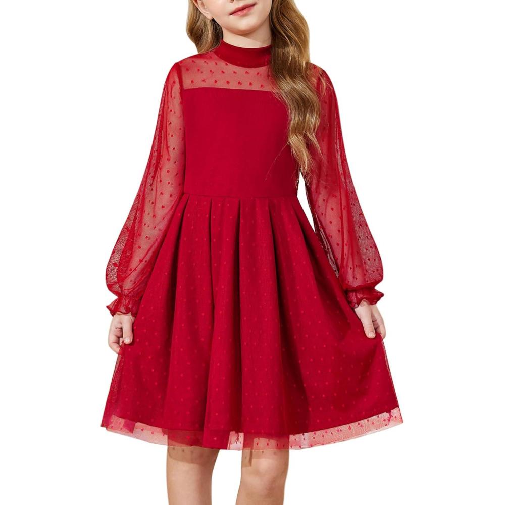 imageArshiner Girls Dresses Contrast Mesh Puff Long Sleeve Mock Neck Formal Party A Line Short Tulle DressRed