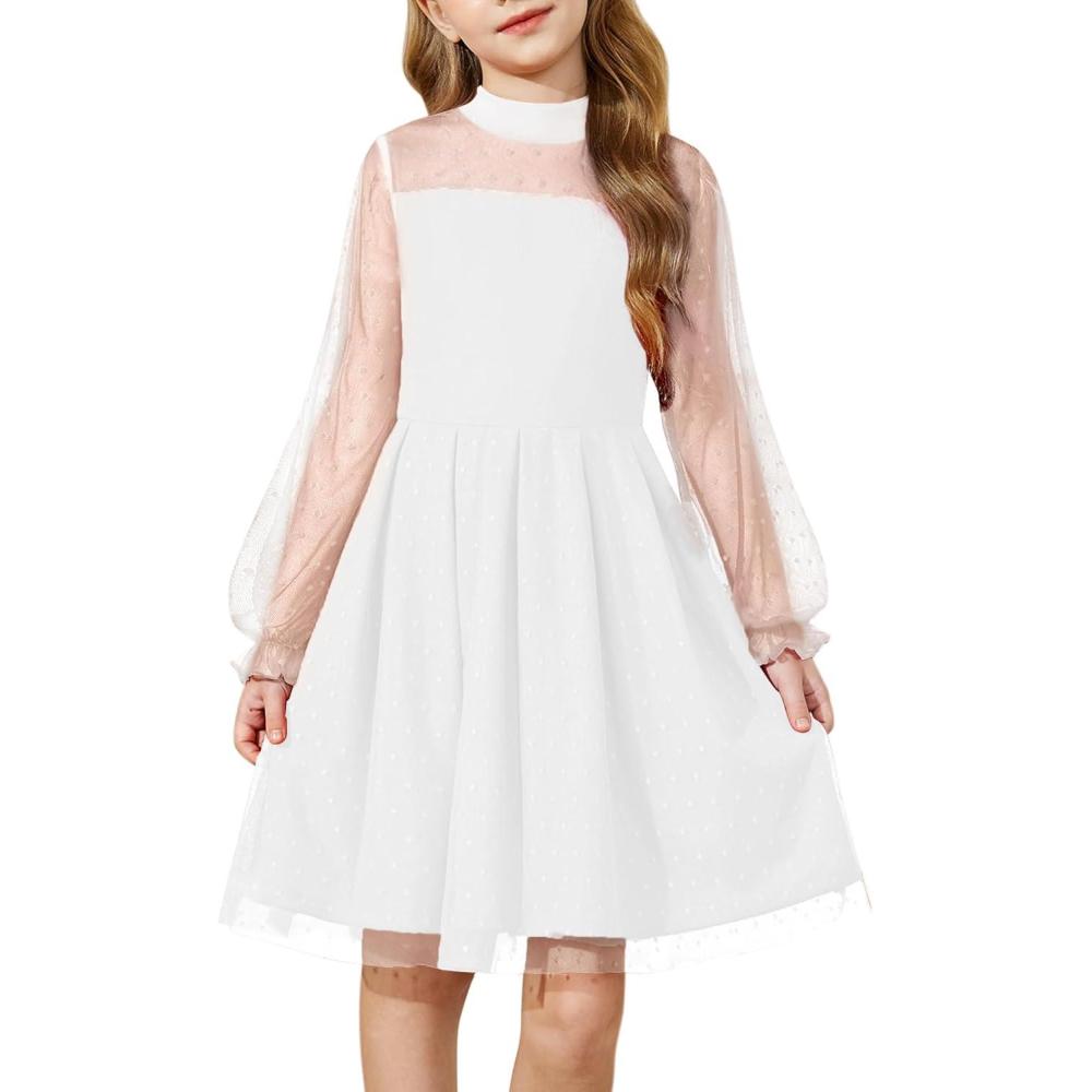 imageArshiner Girls Dresses Contrast Mesh Puff Long Sleeve Mock Neck Formal Party A Line Short Tulle DressWhite