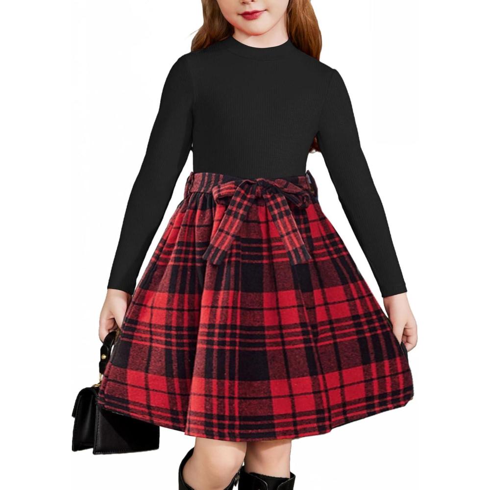 imageArshiner Girls Dresses Long Sleeve Rib Knit Plaid Patchwork Belted Dress with PocketsBlack Red Plaid