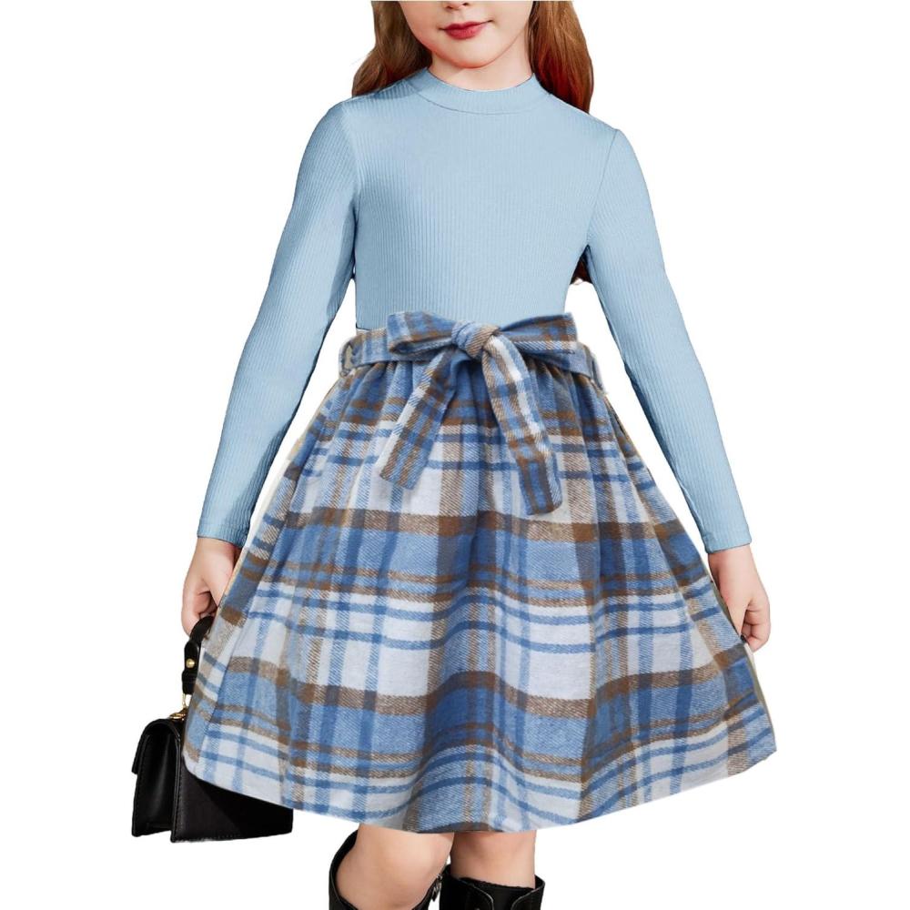 imageArshiner Girls Dresses Long Sleeve Rib Knit Plaid Patchwork Belted Dress with PocketsBlue Plaid