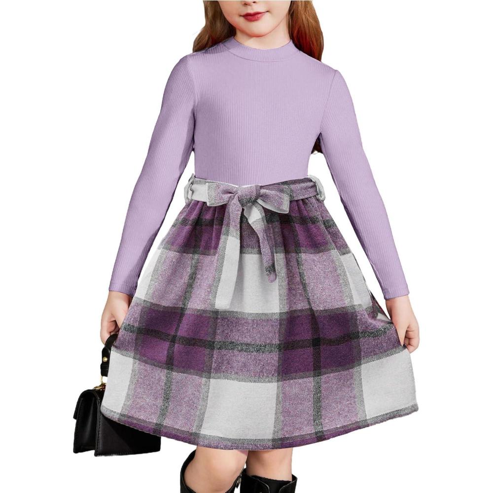 imageArshiner Girls Dresses Long Sleeve Rib Knit Plaid Patchwork Belted Dress with PocketsLilac Plaid