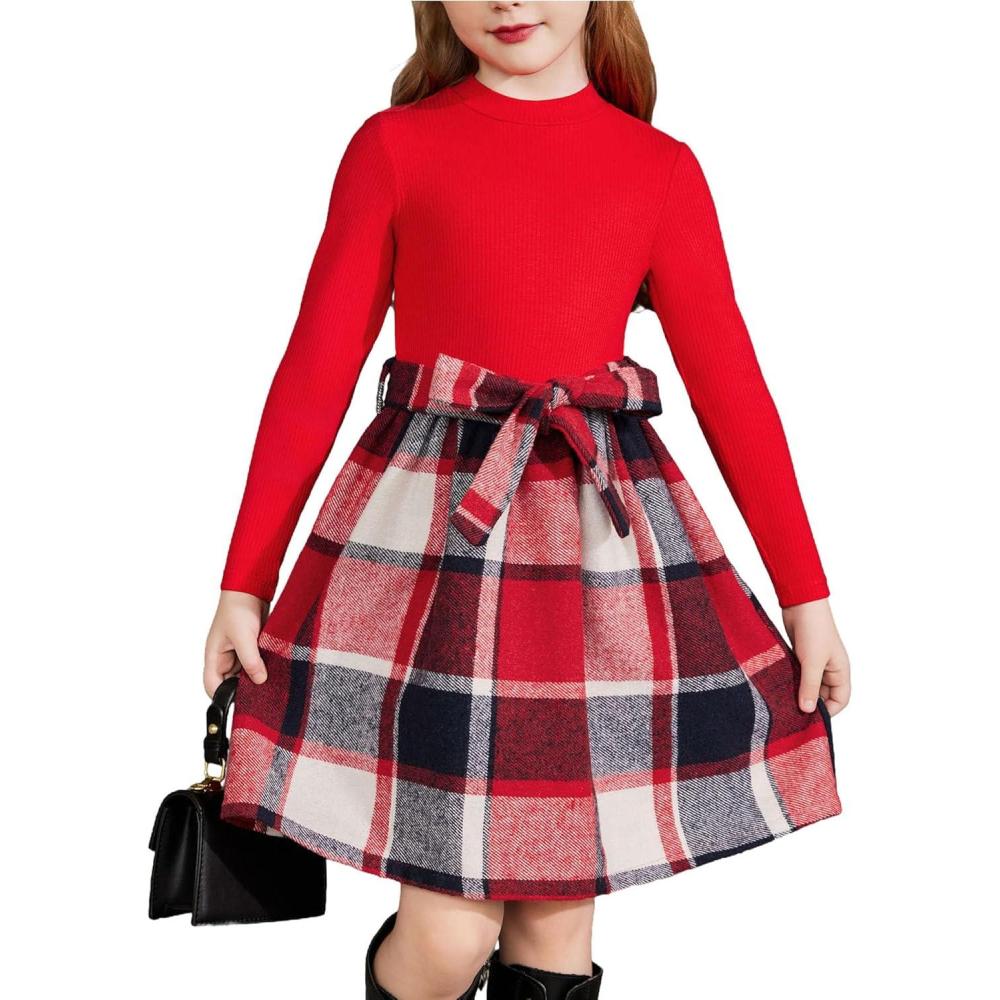 imageArshiner Girls Dresses Long Sleeve Rib Knit Plaid Patchwork Belted Dress with PocketsRed Red Plaid
