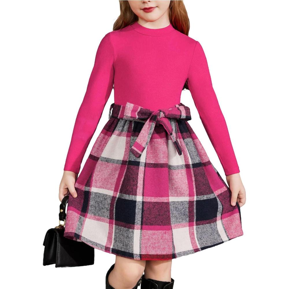 imageArshiner Girls Dresses Long Sleeve Rib Knit Plaid Patchwork Belted Dress with PocketsRose Red Plaid