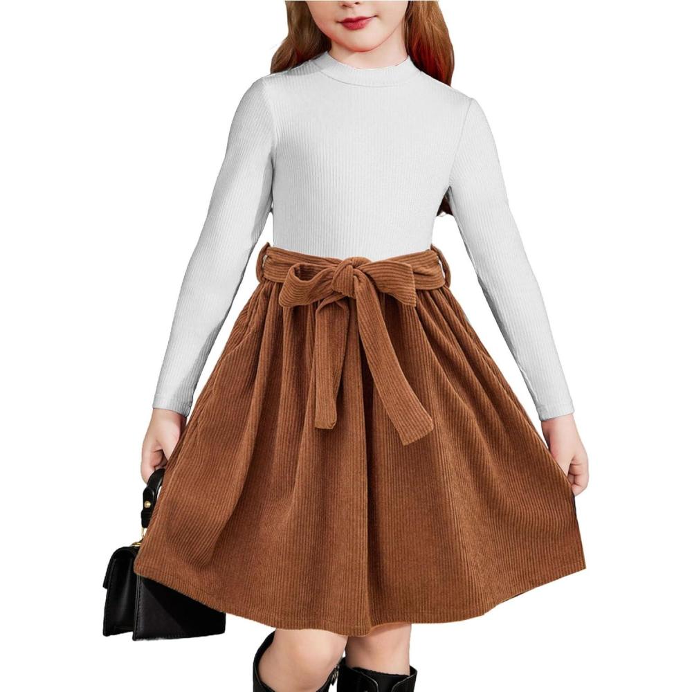 imageArshiner Girls Dresses Long Sleeve Rib Knit Plaid Patchwork Belted Dress with PocketsWhite Brown Corduroy