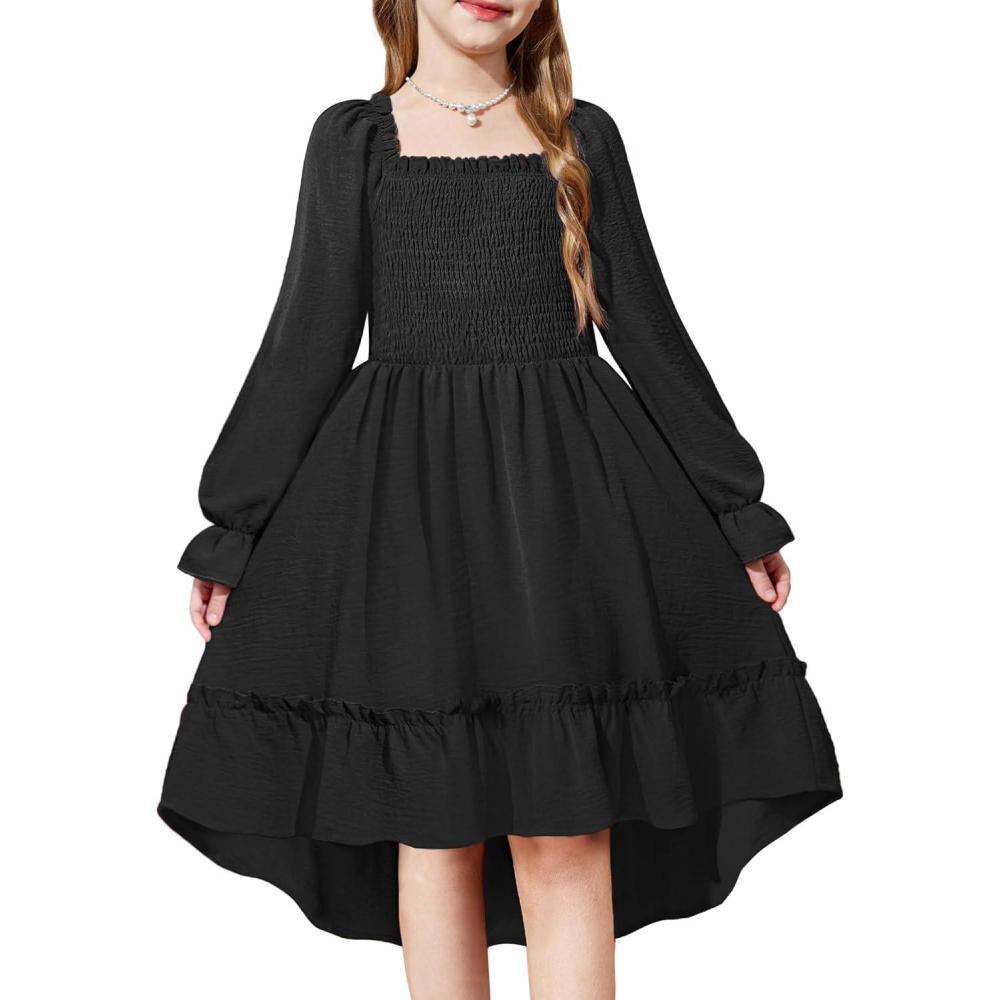imageArshiner Girls Dresses Puff Long Sleeve Fall Winter Smocked High Low Swing Midi Dress with PocketsBlack