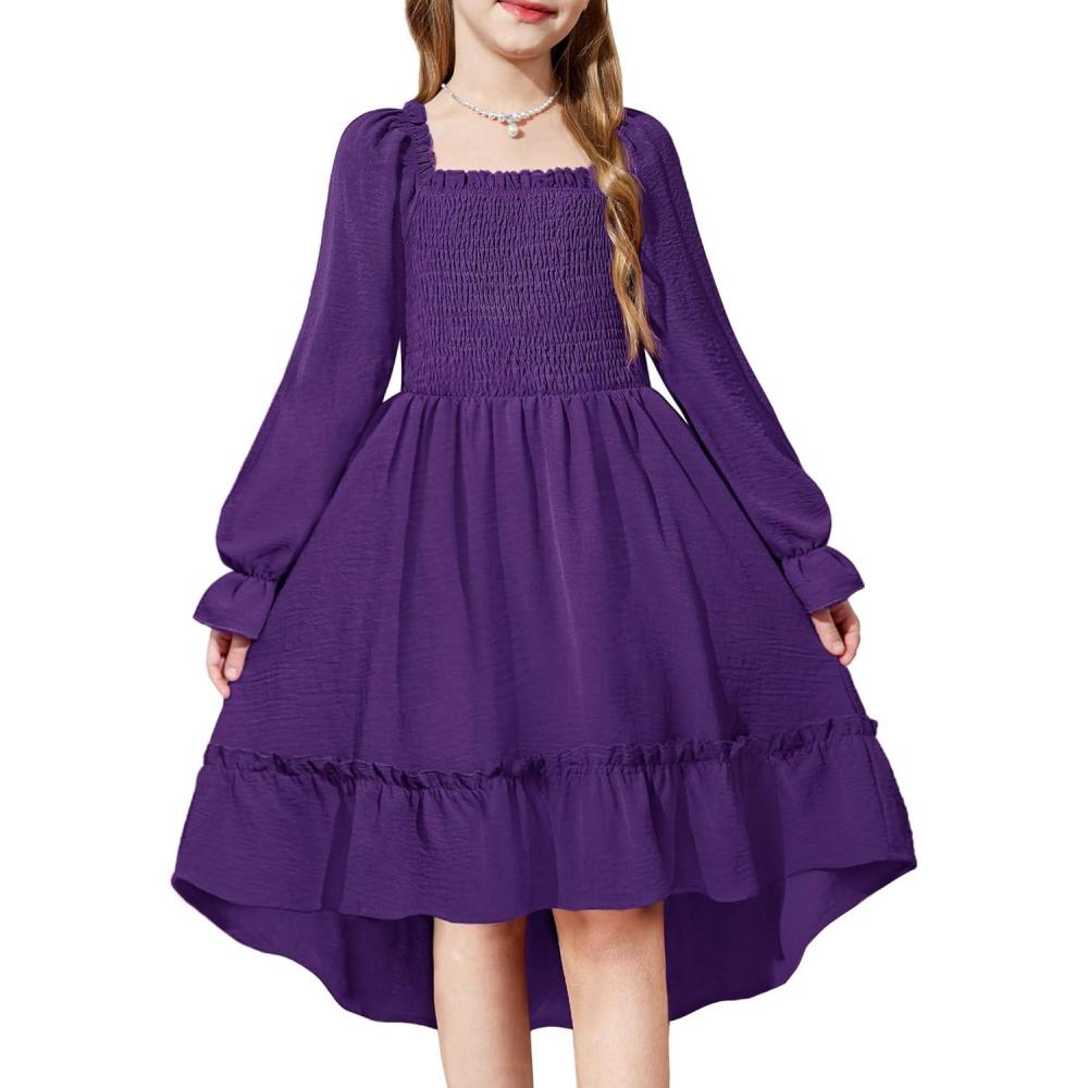 imageArshiner Girls Dresses Puff Long Sleeve Fall Winter Smocked High Low Swing Midi Dress with PocketsDark Purple