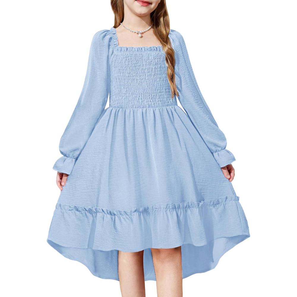imageArshiner Girls Dresses Puff Long Sleeve Fall Winter Smocked High Low Swing Midi Dress with PocketsLight Blue