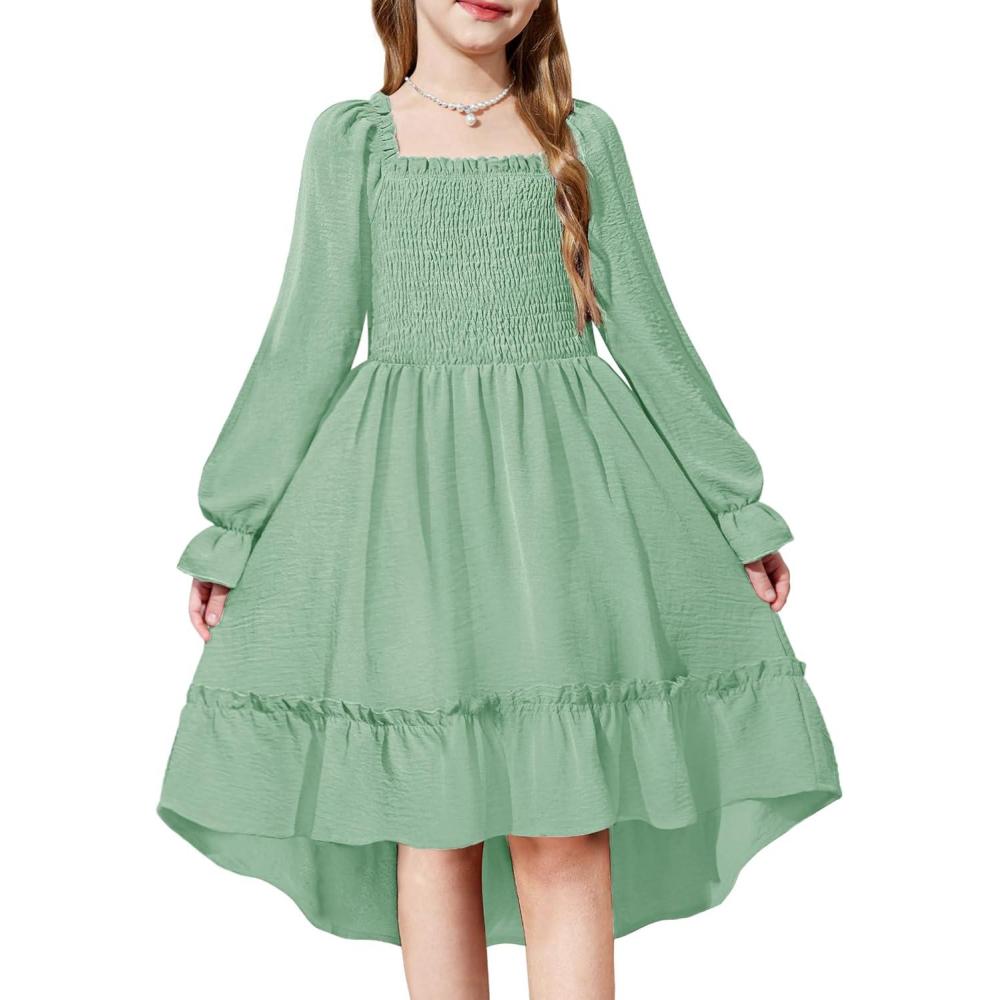 imageArshiner Girls Dresses Puff Long Sleeve Fall Winter Smocked High Low Swing Midi Dress with PocketsSage Green