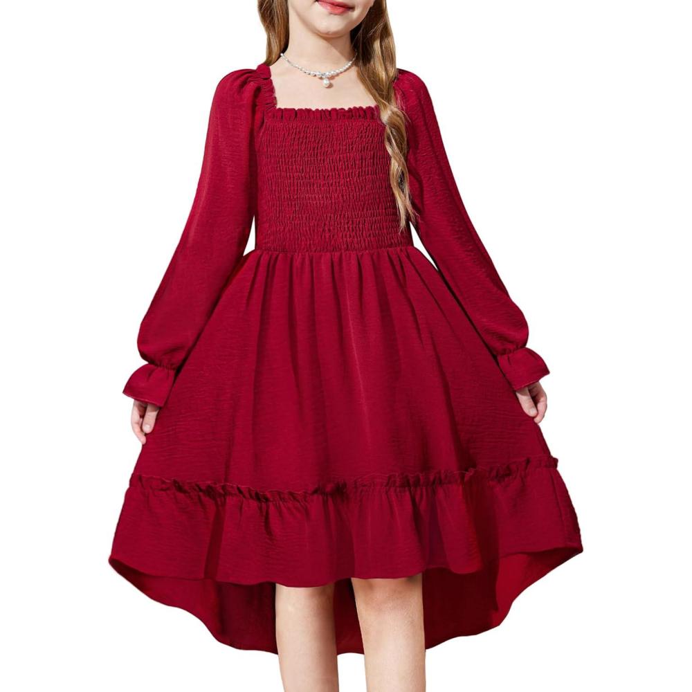 imageArshiner Girls Dresses Puff Long Sleeve Fall Winter Smocked High Low Swing Midi Dress with PocketsWine Red