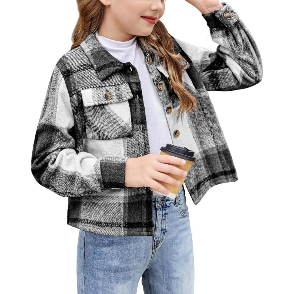 imageArshiner Girls Flannel Fall Winter Cropped Shacket Plaid Jacket Casual Long Sleeve Button Down Fashion CoatBlack